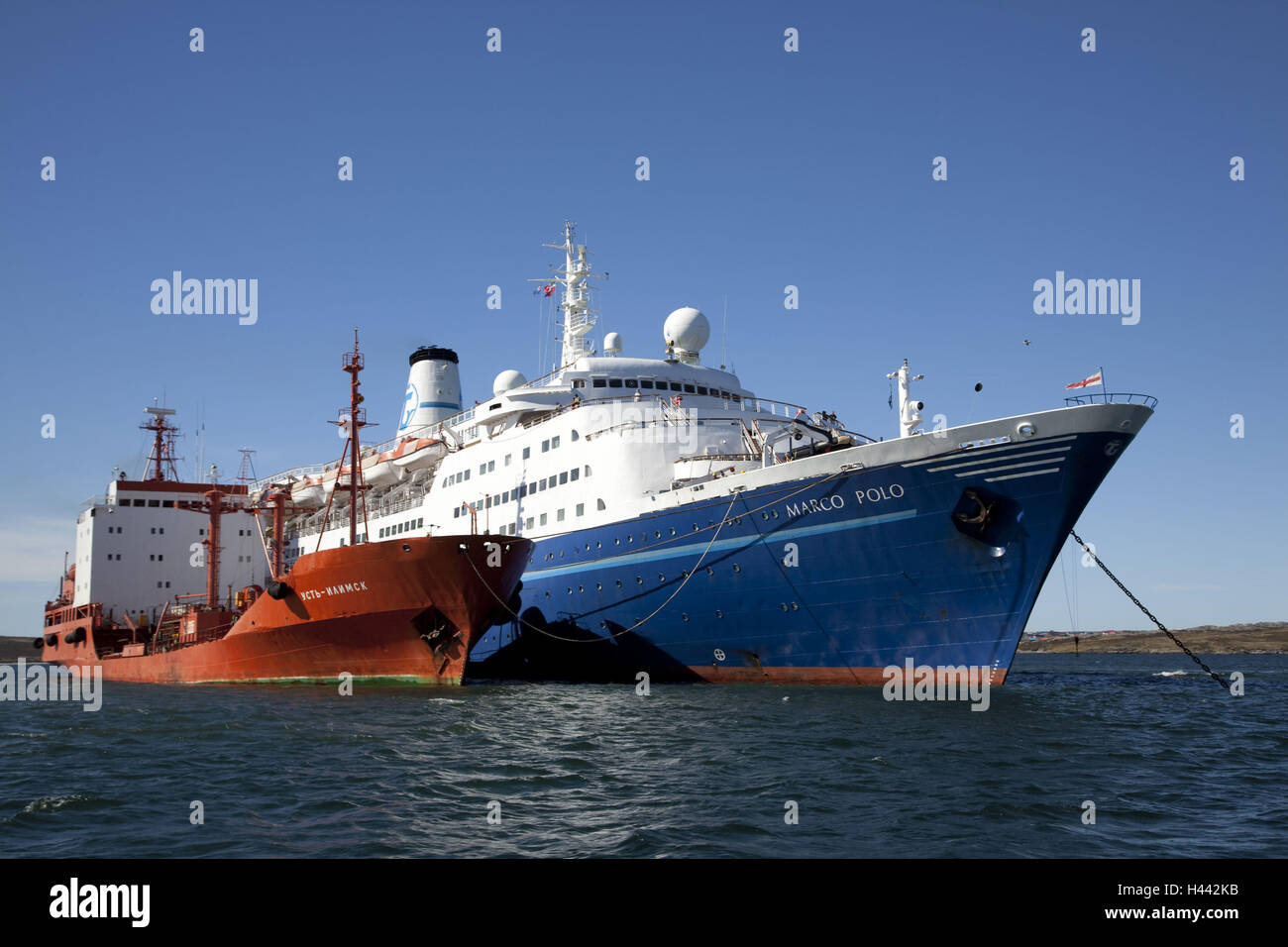 Die Falkland-Inseln, port Stanley, Kreuzfahrtschiff Marco Polo, Frachter, Stockfoto