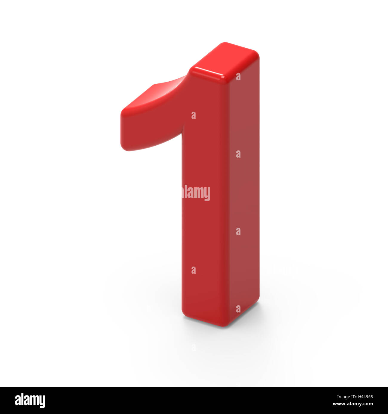 3D-Rendering glatte rote Nummer 1 isoliert auf weißem Hintergrund, glatte Textur, die rote Nummer, Ansicht von oben rechts Stockfoto