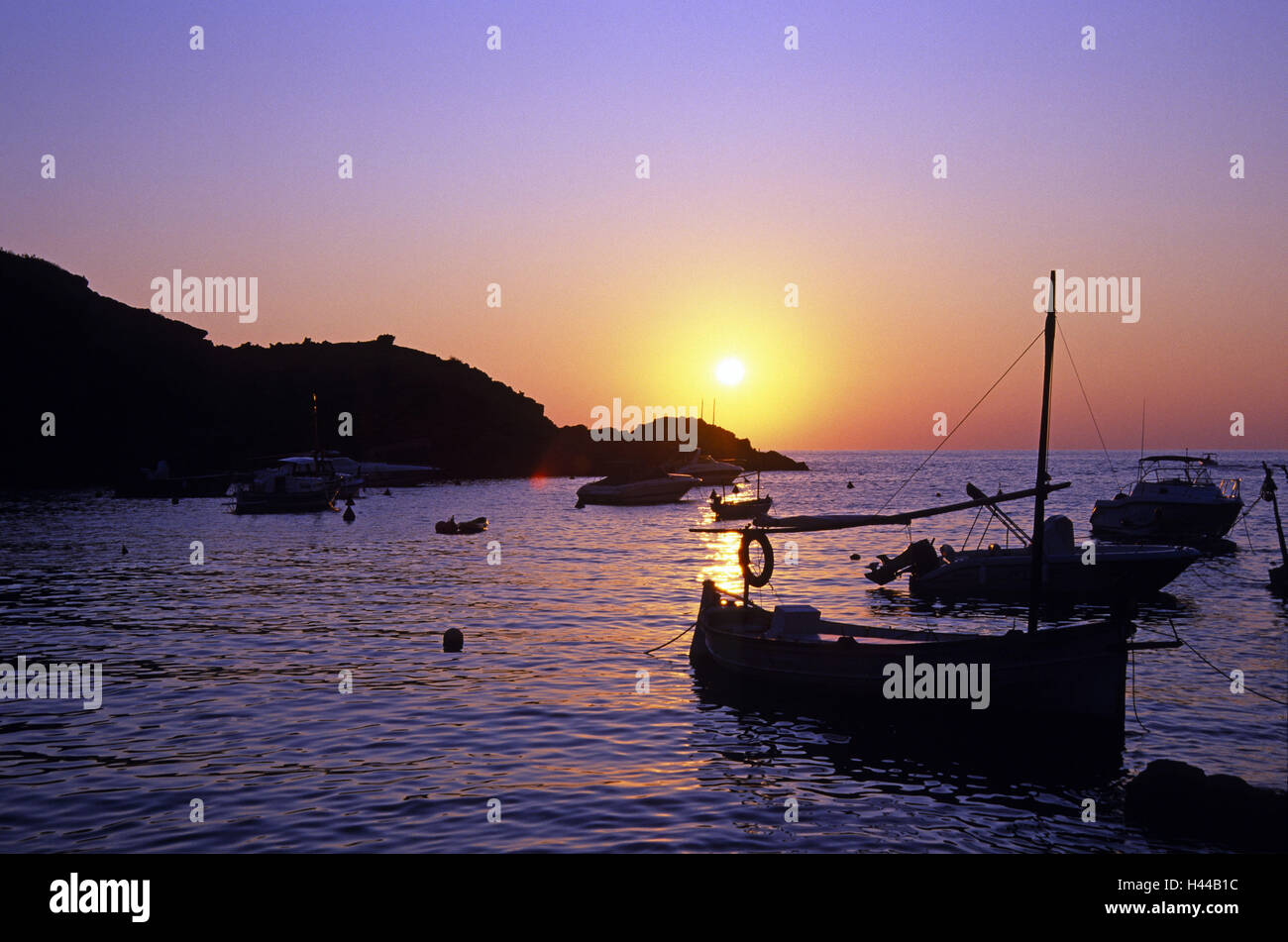 Ibiza, Cala Vadella, Meer, Sonnenuntergang, Stiefel, Stockfoto
