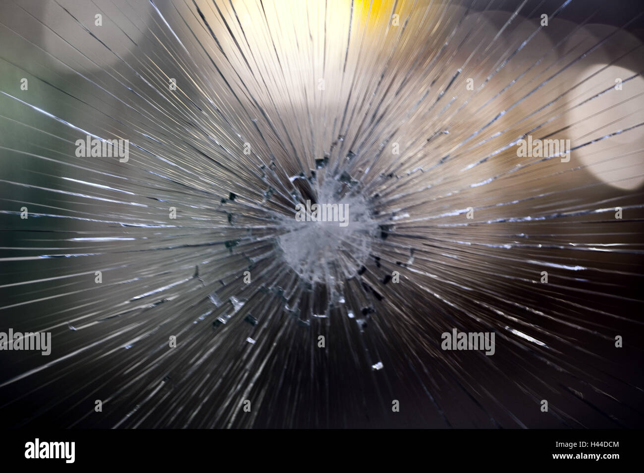 Einschußloch, Sicherheitsglasscheibe, Detail, Stockfoto