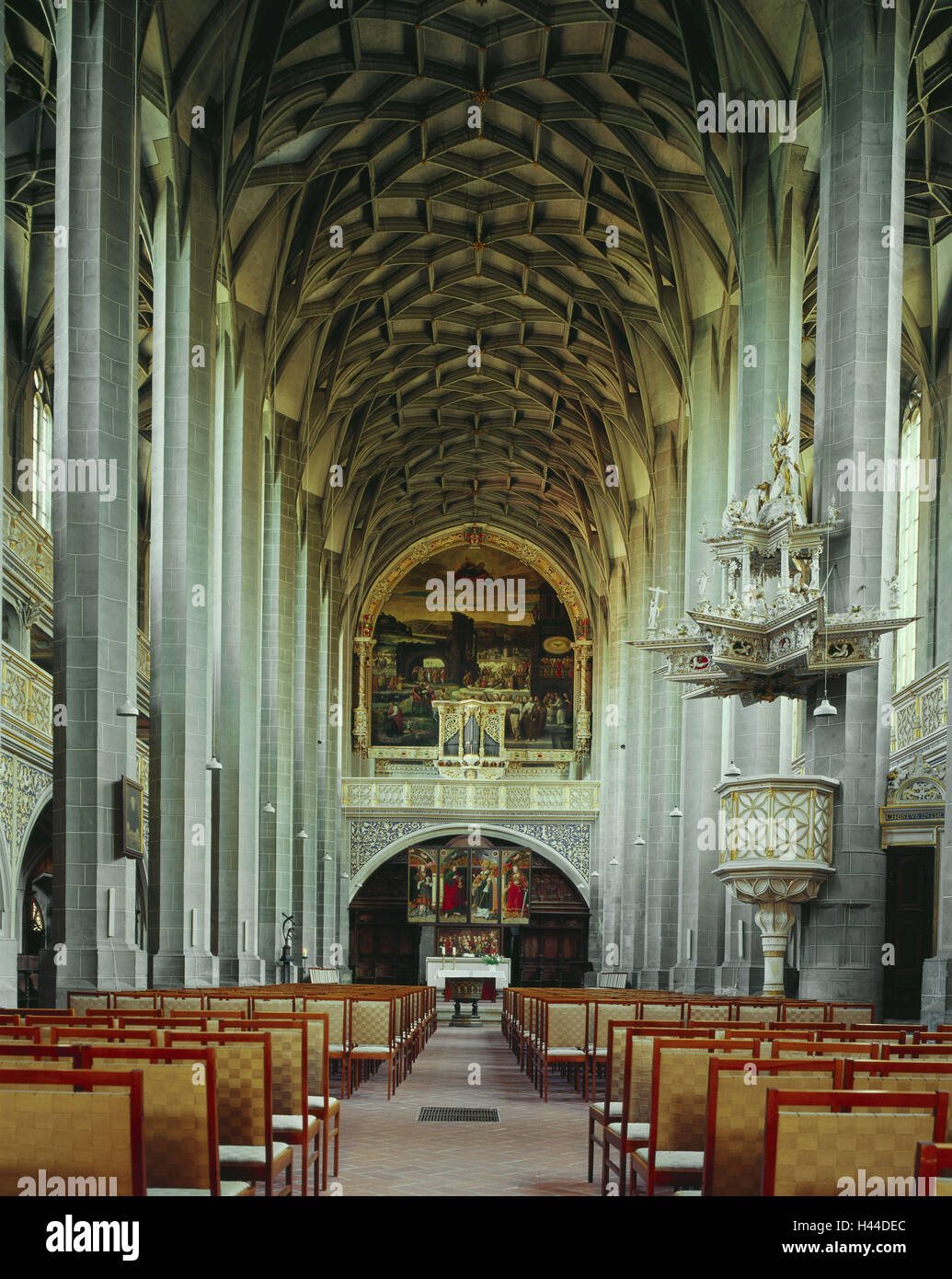 Deutschland, Sachsen-Anhalt, Halle in der Halle, Kirche St. Marien, innen, Stadt, Halle, Ort von Interesse, Marktkirche, Gebäude, Kirche St. Marien, die Marienkirche, Hallenkirche, spätgotisch, Altar, Bänke, Innenansicht, glauben, Religion, Stockfoto