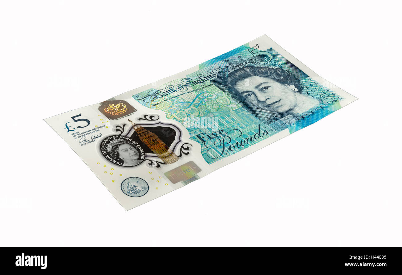 Die Vorderseite des neuen "Fünfer" fünf-Pfund-Schein von der Bank von England. Isoliert auf weißem Hintergrund. Stockfoto