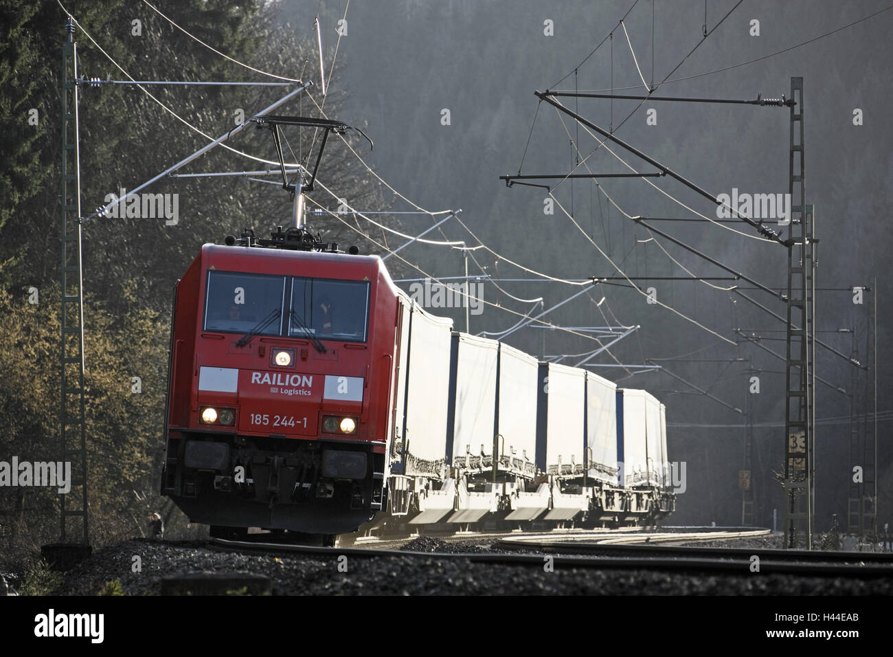 Güterzug, Franken Holz Flugbahn, intermodal Waggon, elektrische Lokomotiven "Bayerische Rundfunk 185", Landschaft, Stockfoto