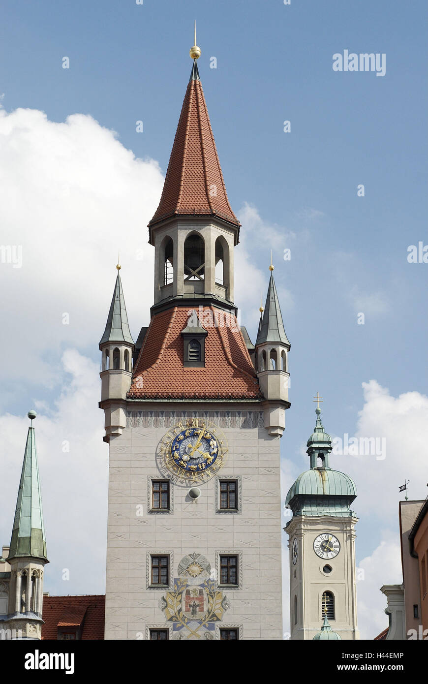 Altes Rathaus, Rat Angriff, Kirchturm, Uhren, Himmel, Wolken, Deutschland, Bayern, München, Stockfoto