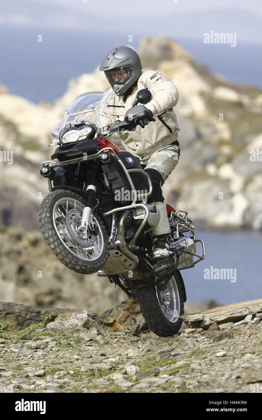 Motorradfahrer, BMW GS, Bereich, Stockfoto
