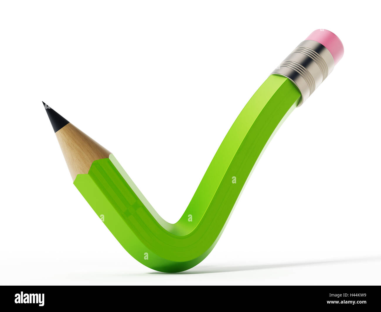 Bleistift, geformt wie ein Häkchen-Symbol. 3D Illustration. Stockfoto