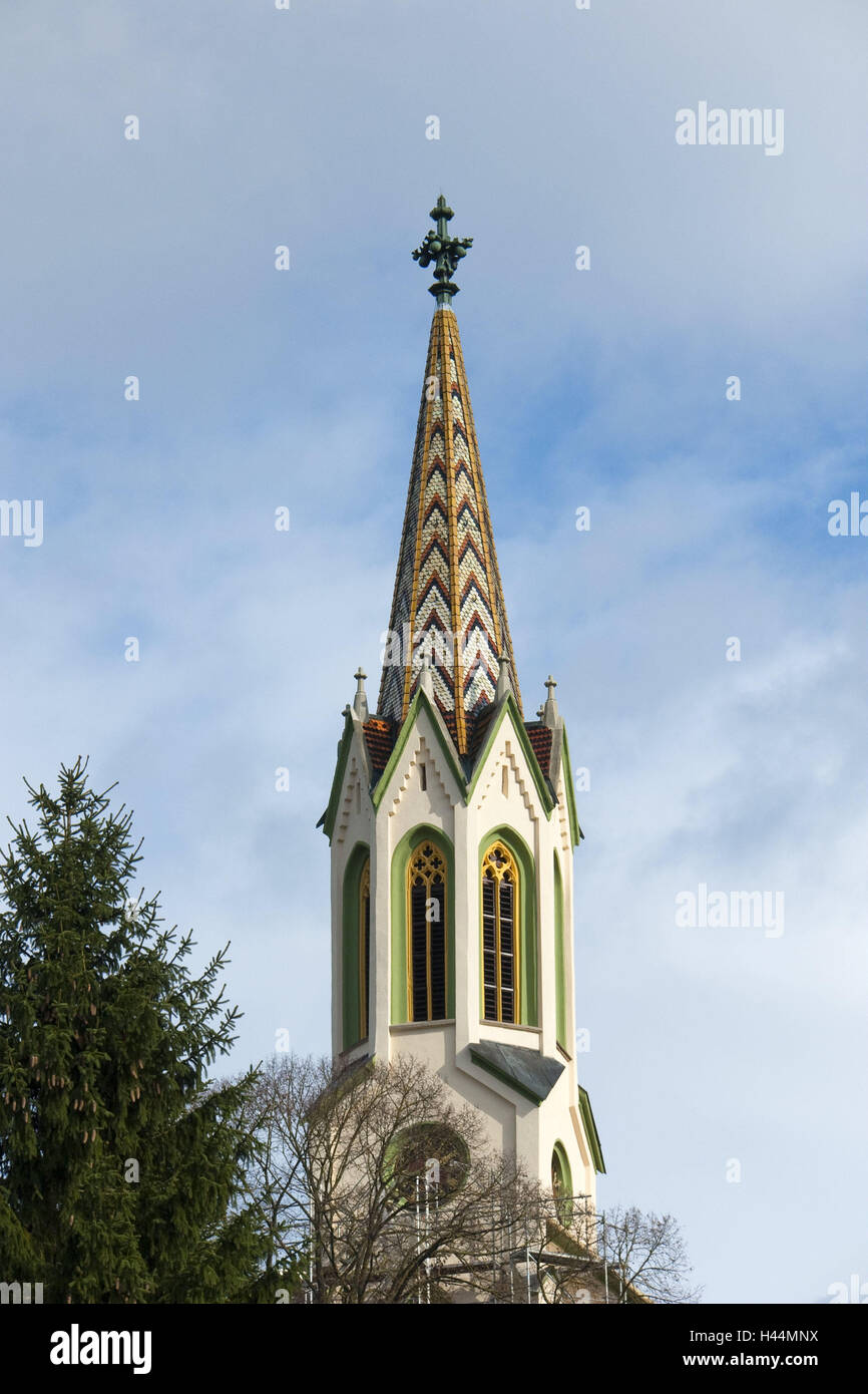 Deutschland, Baden-Wurttemberg, Ertingen-Binzwangen, Kirchturm, Binzwangen, Danube Zyklus verfolgen, Ertingen, Kirche, Kirche, Pfarrkirche, Neo-Gotik, Baustil, Naturschutzgebiet, Stockfoto