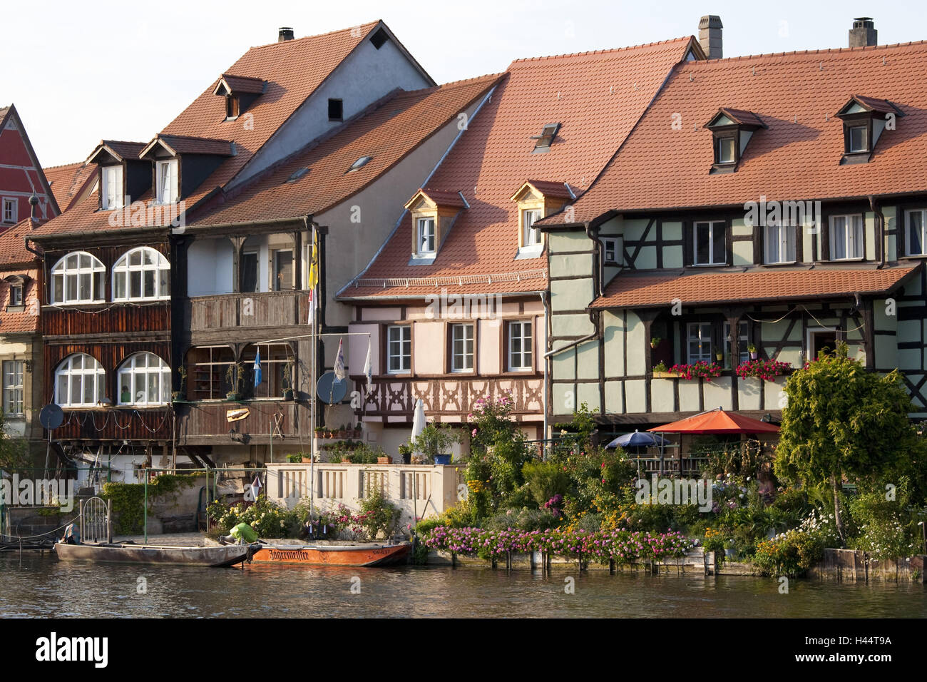 Ehemalige Fischerdorf befindet sich in der Regnitz, Stiefel, klein Venedig, Bamberg, Franken, Bayern, Deutschland, Stockfoto