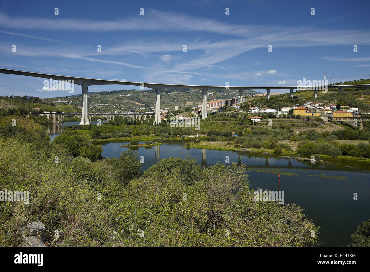 Portugal, Dourotal, Rio Douro, Autobahnbrücke, Stadt Regua, Stockfoto