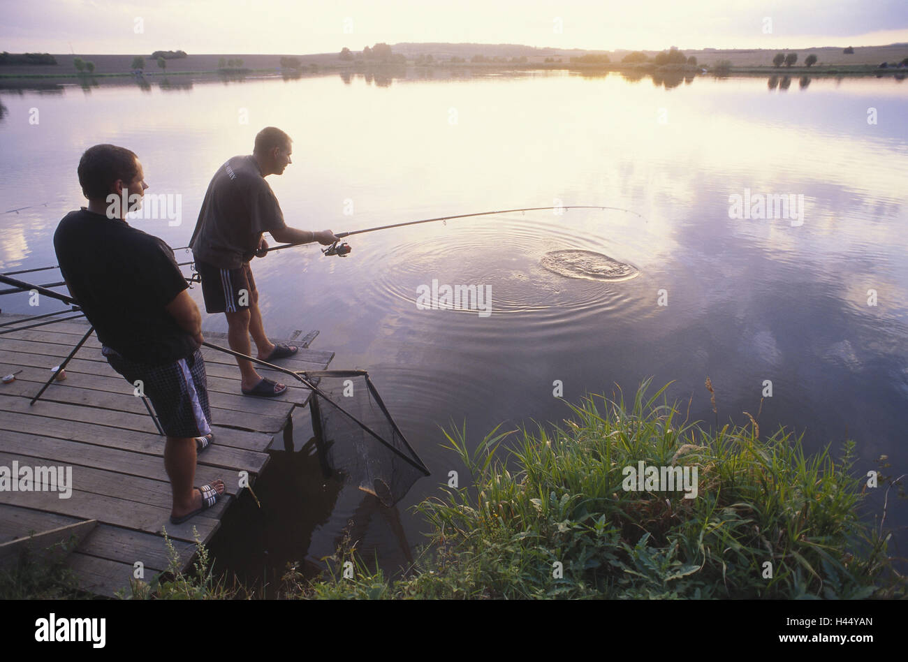 Seen, Männer, Scharniere, abends Licht, kein Model-Release, Person, Freizeit, Hobby, Angeln, Wasser, Ständer, Dämmerung, fangen, Scharnier, Kescher, Brücke, zwei, Stockfoto