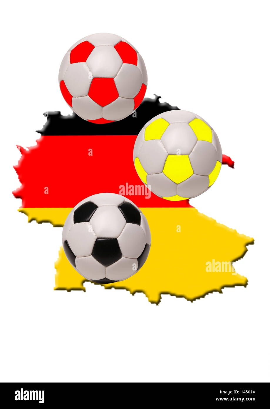 Deutschlandkarte, Fußbälle, Landesfarben, Karte, Gliederungen, Deutschland, schwarz rot Gold, Kugeln, Lederbälle, Symbol, Fußballspiel, Fußball-Spiele, Sport, Mannschaftssport, WM, Fußball-WM 2006, Bundesliga, Studio, freie Platten Stockfoto