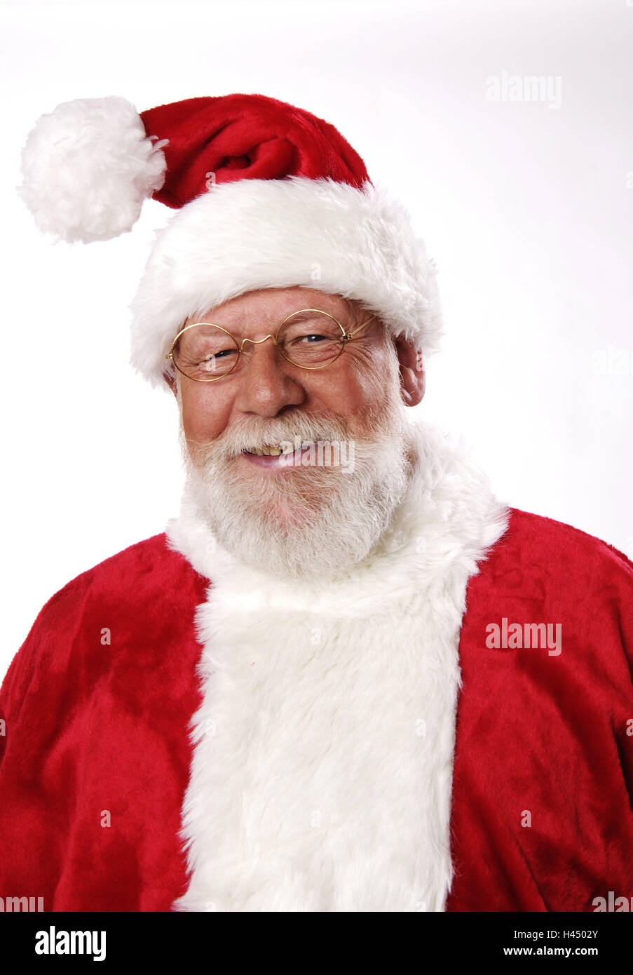 Santa Claus, Lächeln, Porträt, Studioaufnahme, Mann, Person, Santa, Weihnachtsmann, Weihnachten, Futter, Mütze, Brille, Freude, Mimik, Freisteller, Stockfoto