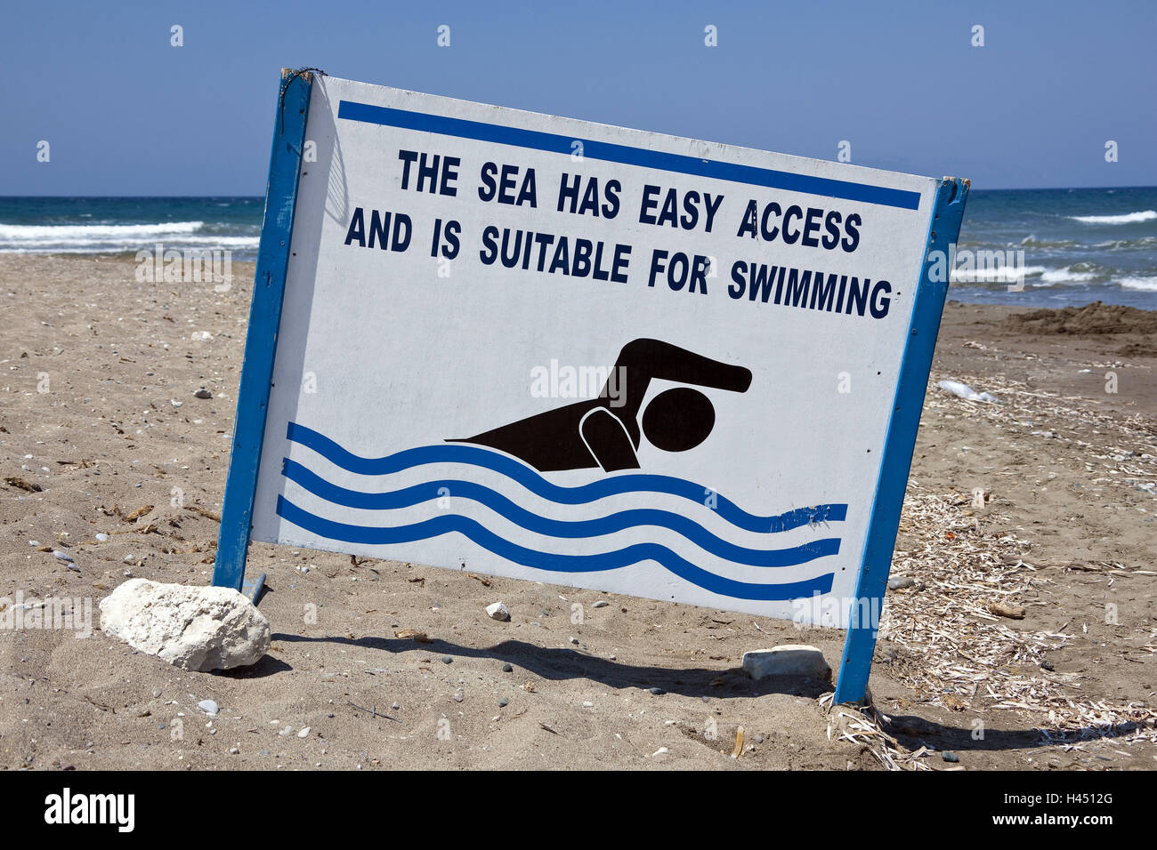 Ein Schild am Strand in der Nähe Kamiros, Insel Rhodos, Westküste, Griechenland, südliche, Europa, Europa, Stockfoto