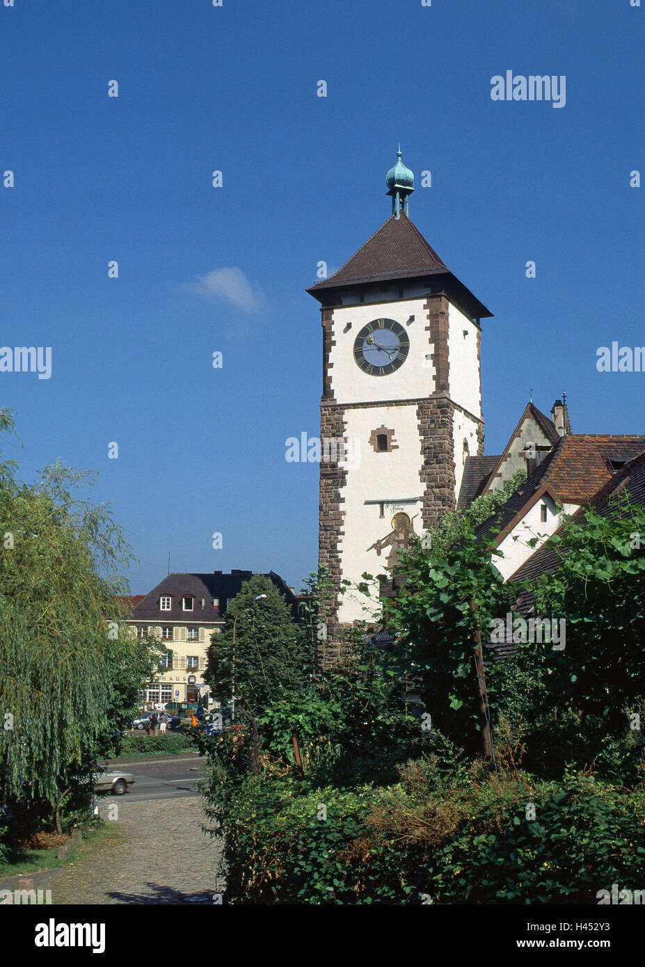 Deutschland, Baden-Württemberg, Freiburg Im Breisgau, Schwäbisch Ziel, detail, Sommer, Schwarzwald, Stadt, Häuser, Wohnhäuser, Gebäude, Ziel-Turm, Wehrturm, Turm, Struktur, Architektur, Wahrzeichen, Ort von Interesse, Reiseziel, Tourismus, Stockfoto