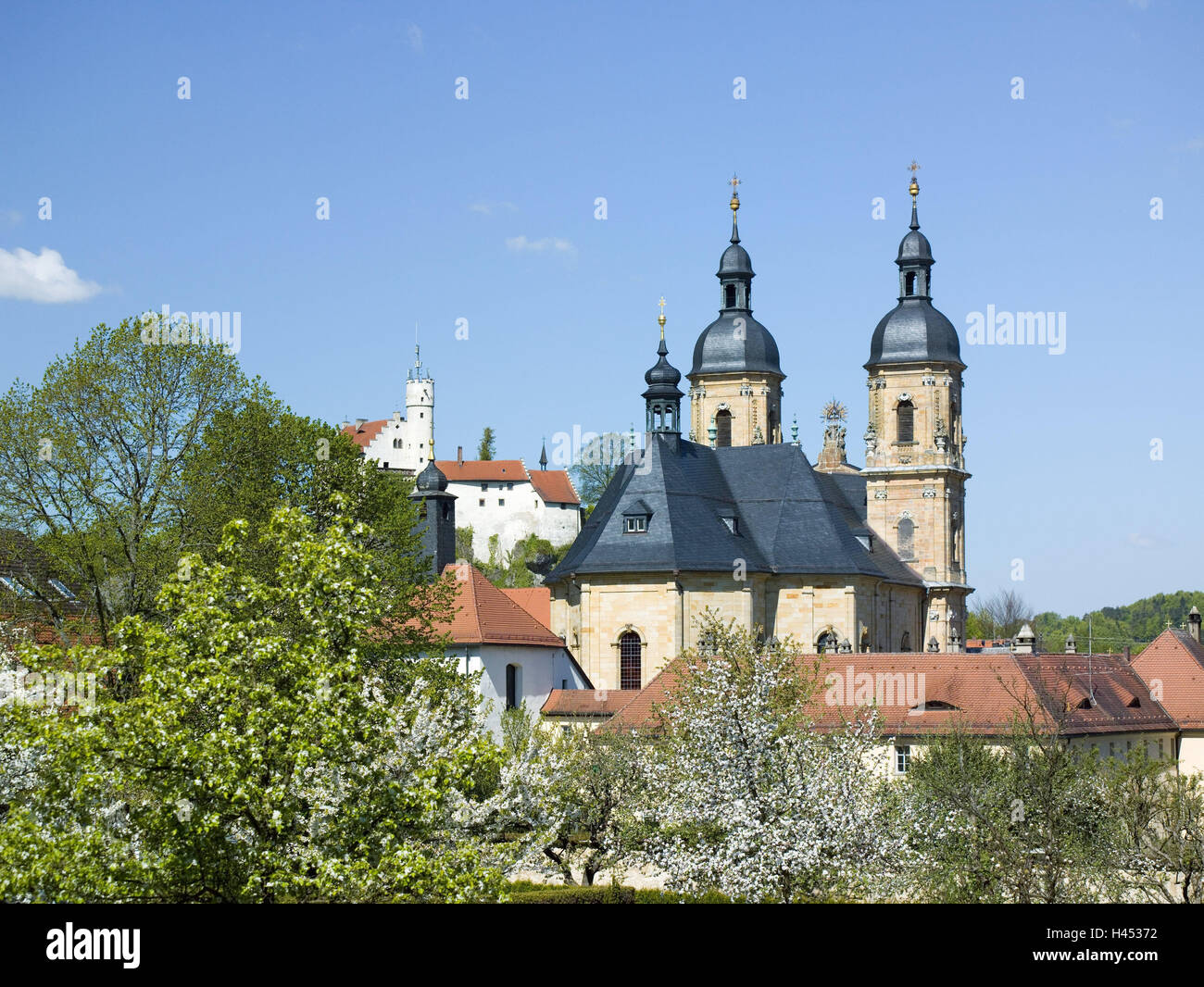 Deutschland, Bayern, Gößweinstein, Basilika der Heiligen Dreifaltigkeit, Schloss, Sehenswürdigkeit, Ort von Interesse, Stadt, Gebäude, Kirche, Struktur, Basilika, Franken, Fränkische Schweiz, Frühling, Upper Franconia, Wallfahrtsbasilika, Wallfahrtskirche, Wallfahrtsort, Kirsche Blume Stockfoto