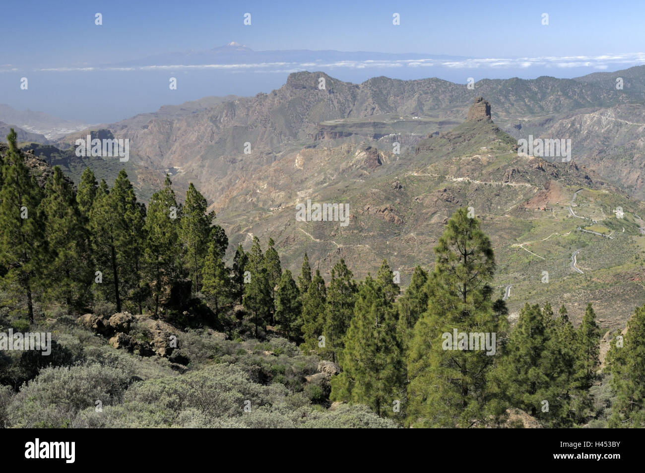 Spanien, Kanarische Inseln, Insel Korn Canaria, Cumbre Berge Reisen Bereich "Roque Nublo", Ansicht, Roque Bentaiga, Pico del Teide, benachbarten Insel Teneriffa Stockfoto