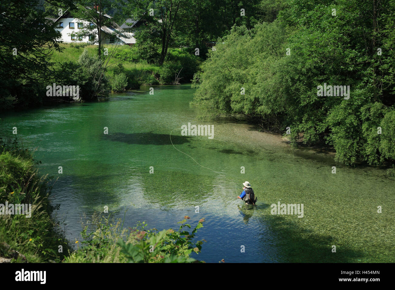 Slowenien, Gorenjska, Triglavski Nationwide, Park, Fluss Sava Bohinjka, Angler, Europa, Ziel, Ort von Interesse, Natur, Vegetation, Holz, Bäume, Pflanzen, Wasser, grün, Ruhe, Stille, Idylle, Luftfahrt-Angeln, Mann, Angelrute, Fisch, Menschen, Stockfoto