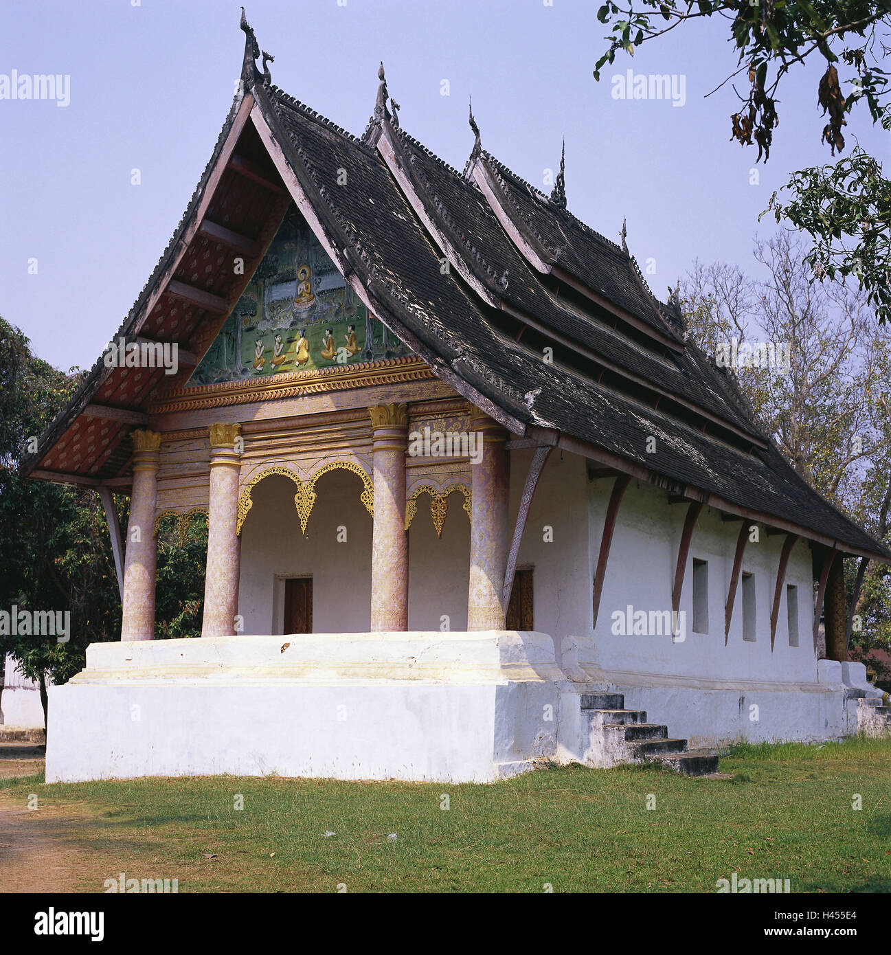 Laos, Luang Prabang, Tempel Wat Aham, Asien, Süd-Ost-Asien, Ziel, Ort von Interesse, Kultur, UNESCO-Weltkulturerbe, Architektur, Struktur, draußen, glauben, Religion, Buddhismus, Tempel, Gebäude, Gebäude, Stockfoto