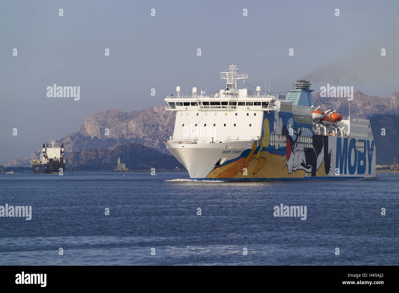 Italien, Sardinien, "Moby Line" Fähre, Olbia, Hafeneinfahrt, Stockfoto