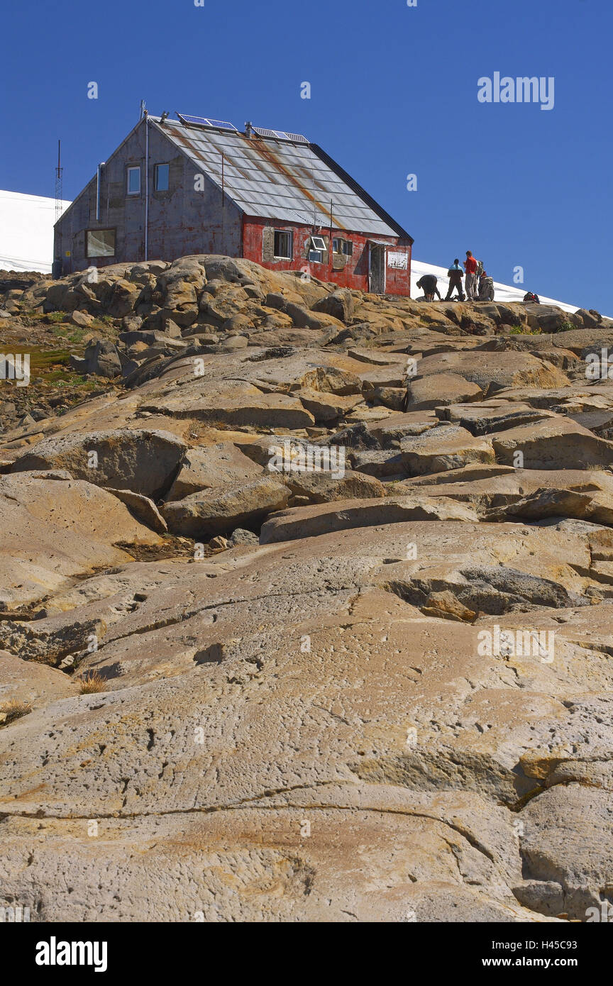 Argentinien, Patagonien, die Anden Kordilleren, Monte Tronador, Hütte, Refugio Otto Meiling, Bergwanderer, Felsen, Stockfoto