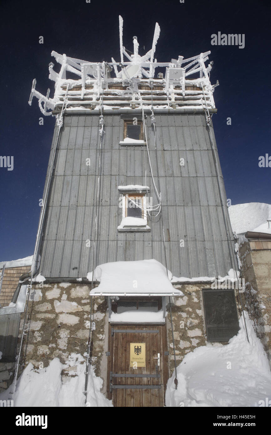 Deutschland, Bayern, Garmisch-Partenkirchen, Wettersteingebirge, Zugspitze, München Haus, Süddeutschland, Oberbayern, Werdenfels, Berge, Alpen, Winter, Schnee, Top Terminal, Gebäude, Architektur, Antennen, Fassade, Tür, draußen, menschenleer, Stockfoto