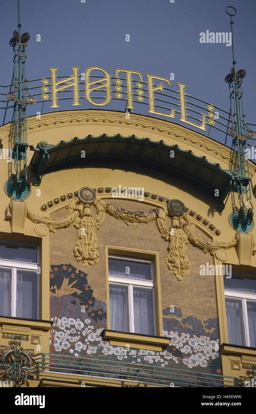 Tschechien, Prag, Hotel Meran, Gebäude, Schlaganfall, Fenster, Fassade, Architektur, Hotel, Jugendstil, Raum Wenzels, Stockfoto