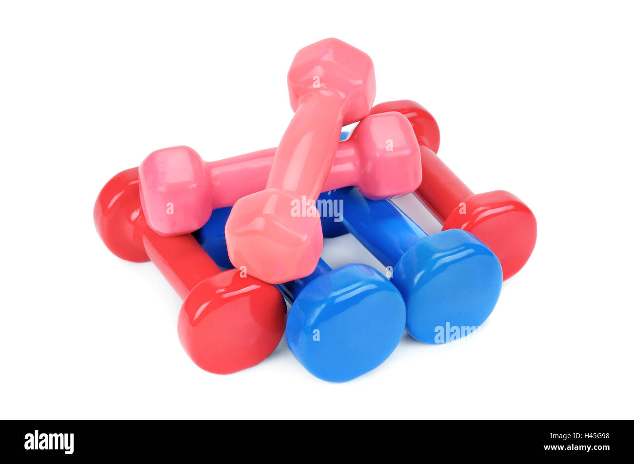 Reihe von Hanteln isoliert auf weißem Hintergrund Stockfoto