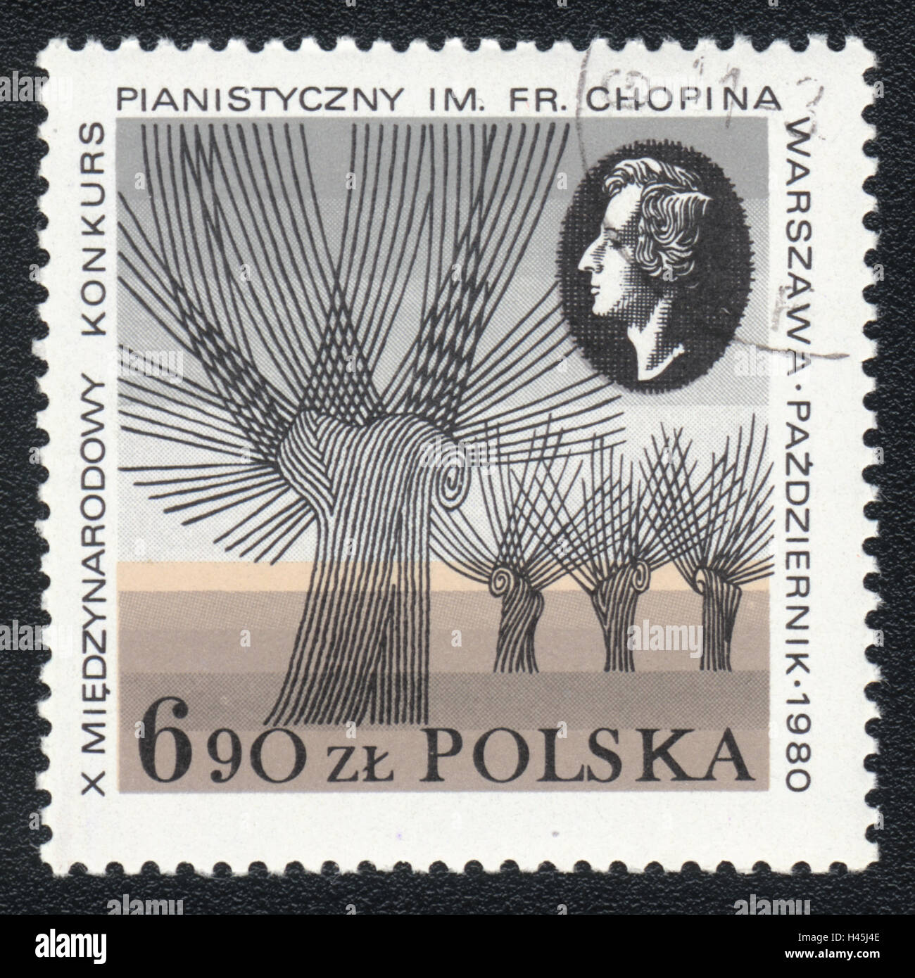 Eine Briefmarke gedruckt in Polen zeigt Porträt von Fryderyk Chopin, Komponist und 10 International Piano Competition, 1980 Stockfoto