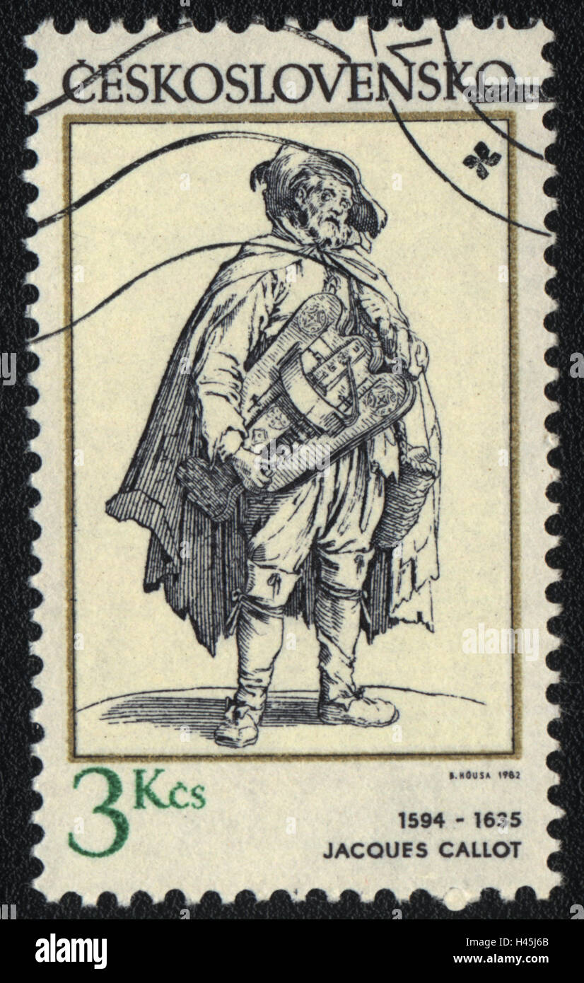 Eine Briefmarke gedruckt in der Tschechoslowakei zeigt Straßenmusikant von Jacques Callot, ca. 1982 Stockfoto