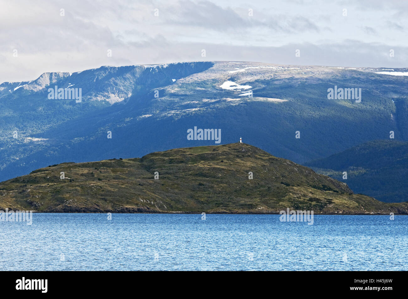 Chile, Beagle-Kanal, Berge, Gewässer, Landschaft, Leuchtfeuer, Leuchtturm, Orientierung, Navigation, Stockfoto