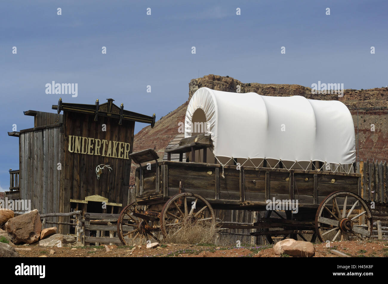 Der wilde Westen, Plan Kutschen, Hütte, Ausfahrt, den USA, Südwesten, Stockfoto