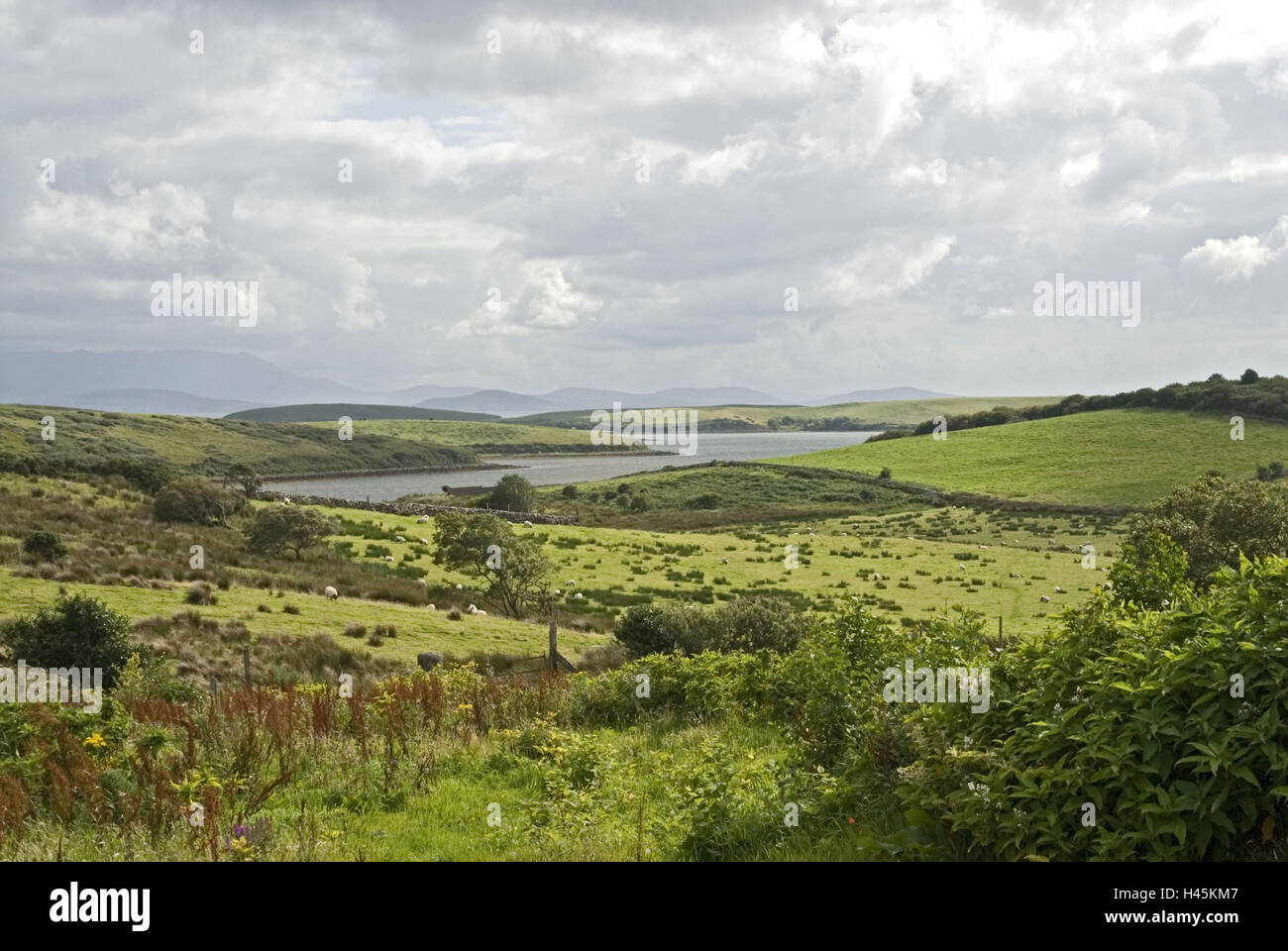 Irland, Achill Island, Küste, Landschaft, Wiesen, Fluß, Hintergrund, Berge, Connacht, Tourismus, Landschaft, Natur, grün, Himmel, Wolken, menschenleer, Stockfoto