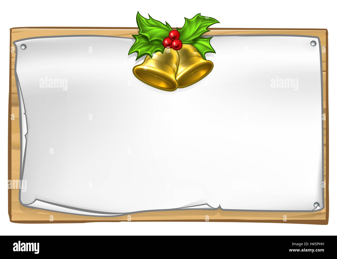 Weihnachten aus Holz Scroll zu unterzeichnen, mit goldenen Glocken und holly Stockfoto
