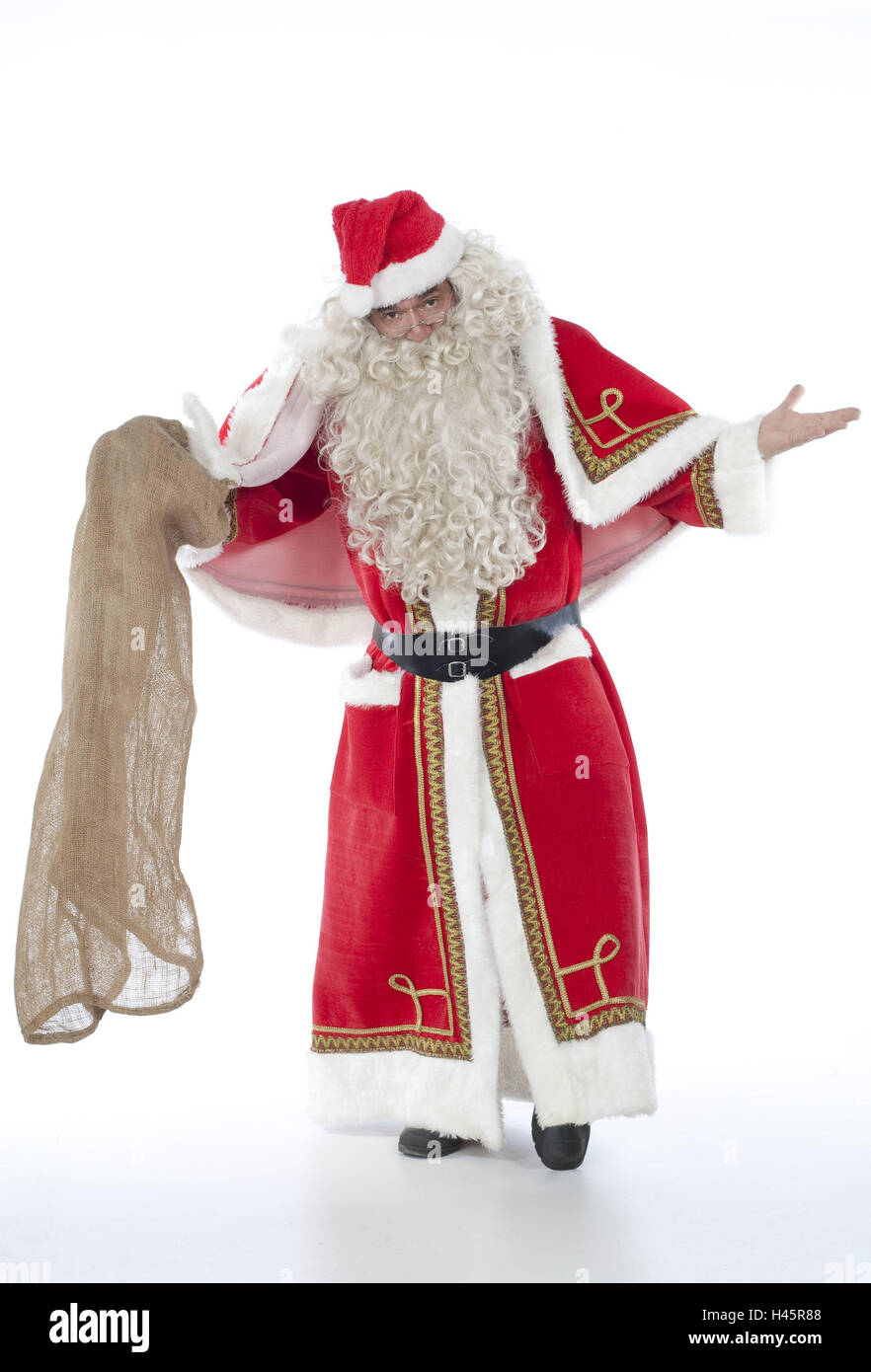Santa Claus, Beutel, Blank, Geste, entschuldigen Sie mich, Leute, Mann, Futter, Kostüm, Weihnachtsmann-Kostüm, Weihnachtsmann Kostüm, Geschenk Beutel, Studio, Freisteller, Weihnachten, Advent, Santa, Stockfoto