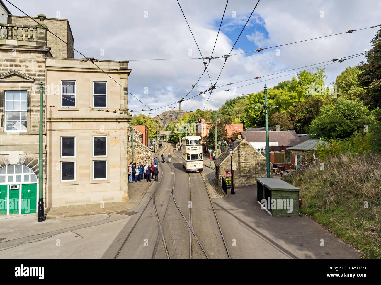 Sheffield die letzte Straßenbahn am Stephensons Ort zur Crich Tramway Village Crich Matlock Derbyshire England Stockfoto