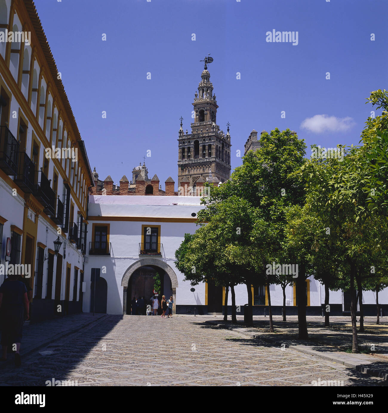 Spanien, Andalusien, Sevilla, Giralda, real Alcazares, Innenhof, Bäume, Europa, Ziel, Stadt, Ort von Interesse, Kultur, Architektur, Turm, Struktur, Himmel, blau, Dom, Glockenturm, Wahrzeichen, Person, außerhalb, Palast, Hof, Stockfoto