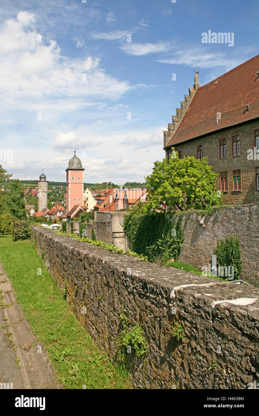 Deutschland, Bayern, Ox Ford, Altstadt, Stadtmauer, Taubenturm, Wachturm, Loch Gefängnis, Wehrmauer, Stadtbefestigung, Klinge-Ziel-Turm, Tor Turm, Palatium, Stockfoto