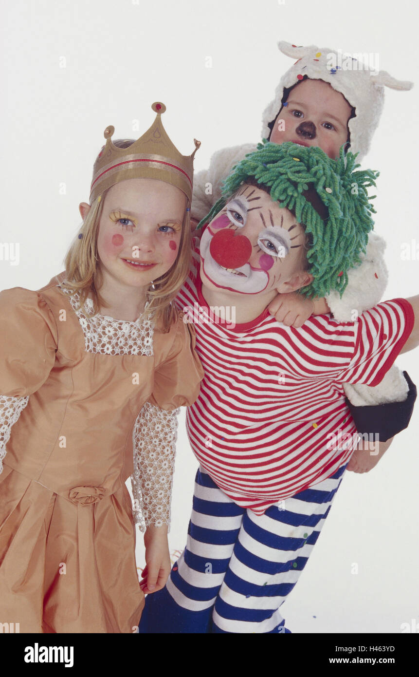 Karneval, Kinder, drei, Verkleidung, Kostüme, Clown, Prinzessin, Eisbär, Gruppenbild, Stockfoto