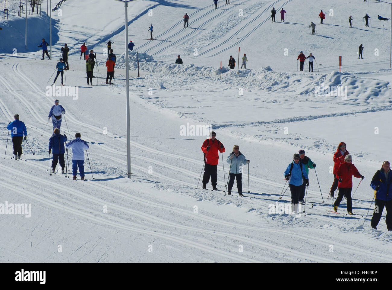 Österreich, Tirol, Meer Bereich, Langlaufloipe, Tourist, winter, Nordtirol, Urlaubsort, Tourismus, Reiseziel, Tourismus, Person, Skilangläufer, Langlaufen, Wintersport, Schnee, Sport, Wintersport-Ort Stockfoto