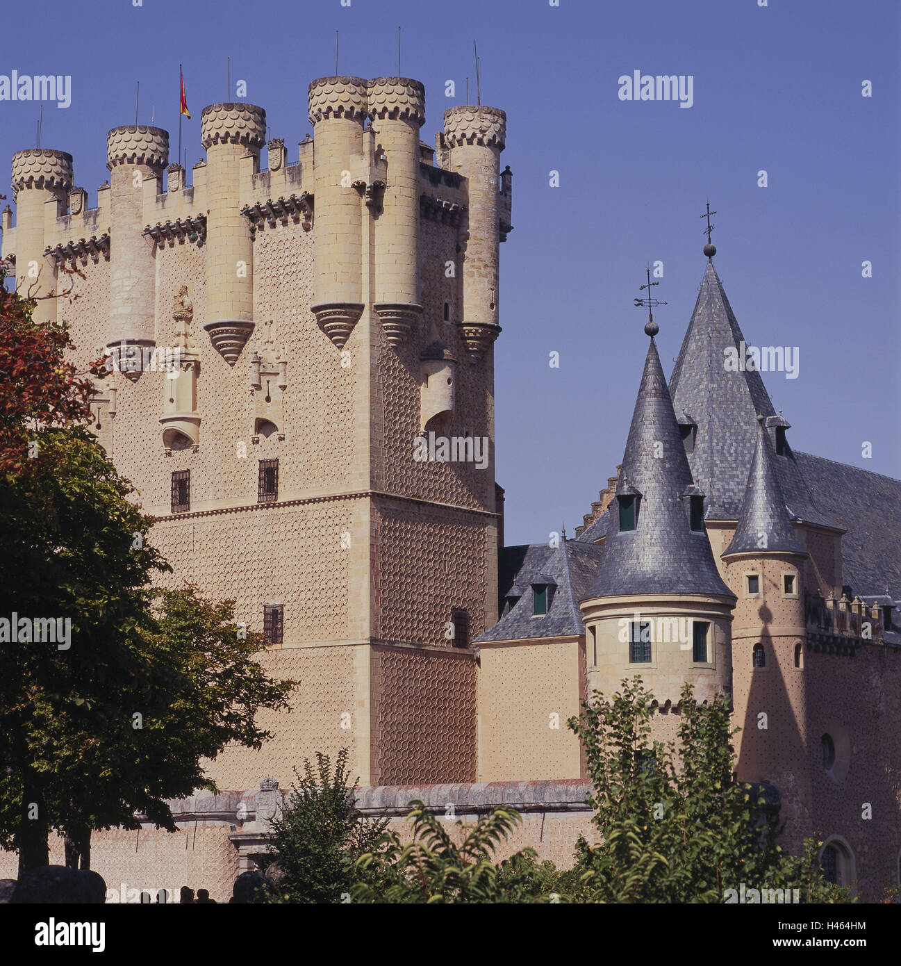 Spanien, Castilla Y Leon, Segovia, Alcazar, Hill, Burg, Festung, Schloss, Schlossgebäude, Schlosspark, Gebäude, Struktur, Architektur, Ort von Interesse, Wahrzeichen, historisch, Reiseziel, Tourismus, Stockfoto