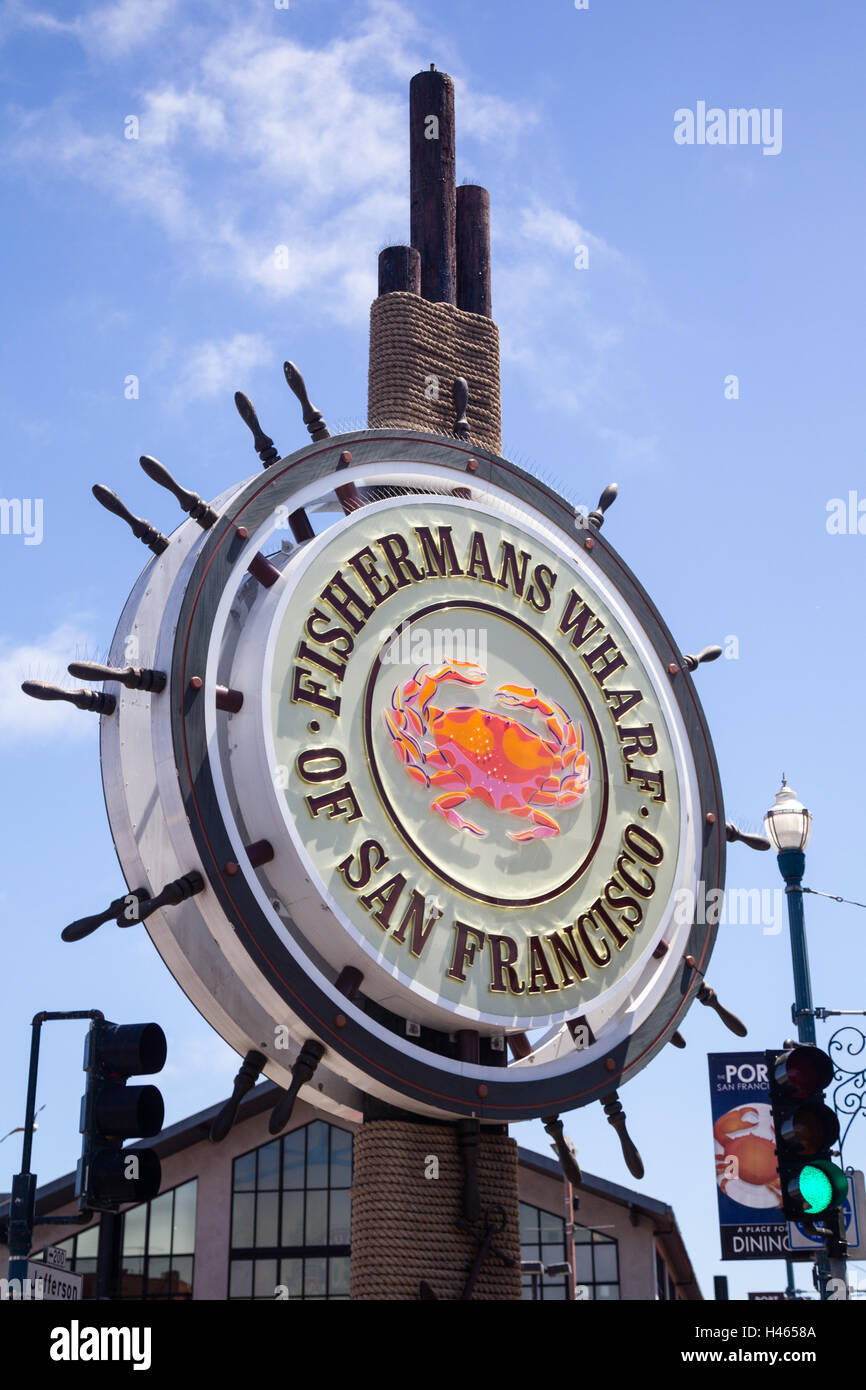 Schild am Fishermans Wharf in San Francisco, Kalifornien, USA. Stockfoto