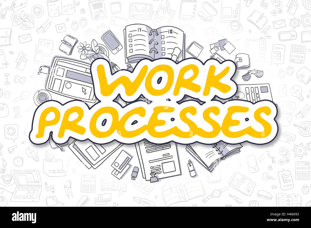 Arbeitsprozesse - Doodle gelbe Wort. Business-Konzept. Stockfoto