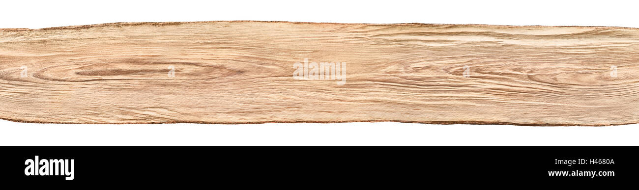 Rustikaler Hintergrund Banner: eine schöne lange unbehandelt Holzplatte aus einer Buche, isoliert auf weiss Stockfoto