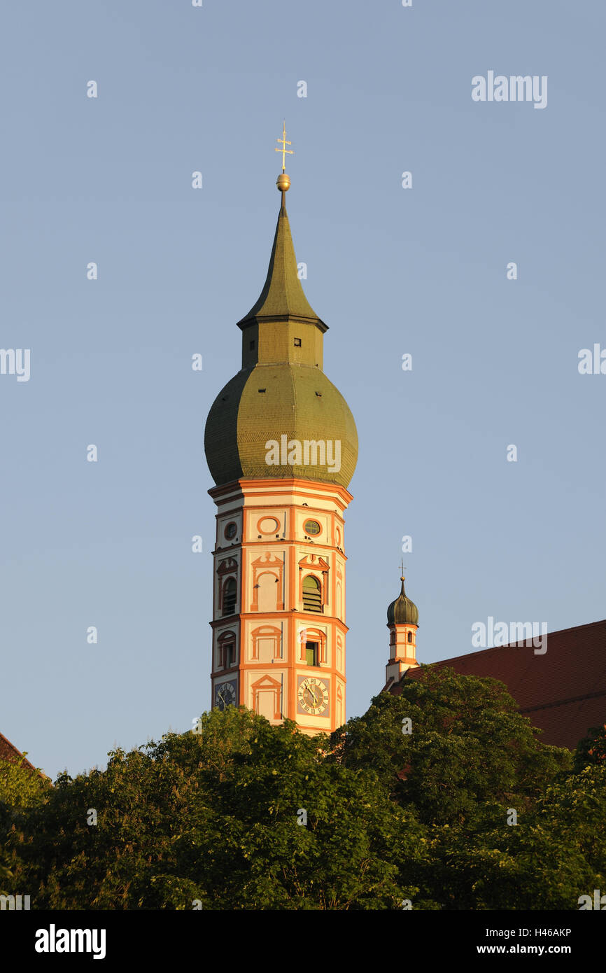 Deutschland, Oberbayern, Kloster Andechs, Kirchturm, Bayern, fünf-Seen-Land, Kloster, Kloster, Benediktiner-Abtei, Gebäude, Wallfahrtskirche, Wallfahrt, Kirche, Turm, Kirche Ccastle, Erling (Dorf), Himmel, blau, Stockfoto