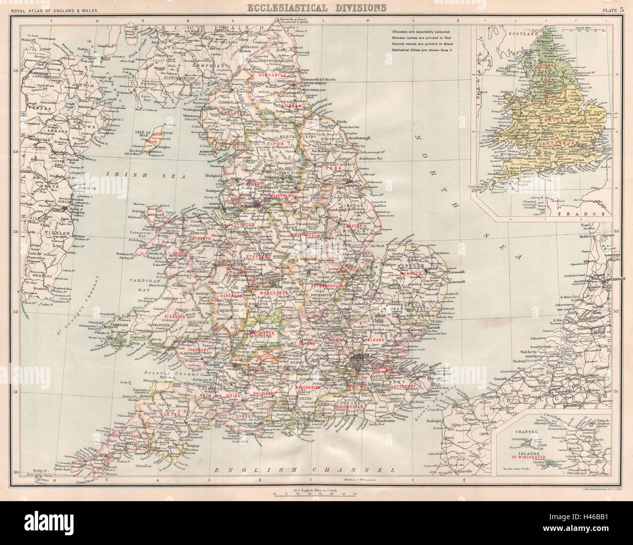 ENGLAND & WALES kirchlichen Spaltungen Diözesen Kathedrale Städte 1898 Karte Stockfoto