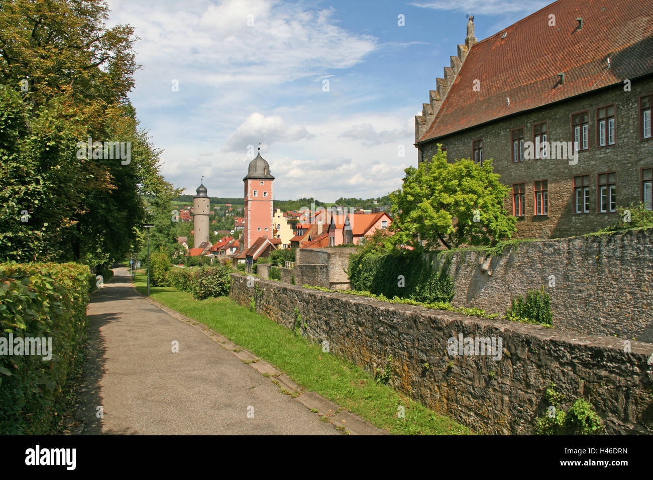 Deutschland, Bayern, Ox Ford, Altstadt, Stadtmauer, Taubenturm, Wachturm, Loch Gefängnis, Wehrmauer, Stadtbefestigung, Klinge Ziel Turm, Palatium, Weg, Stockfoto