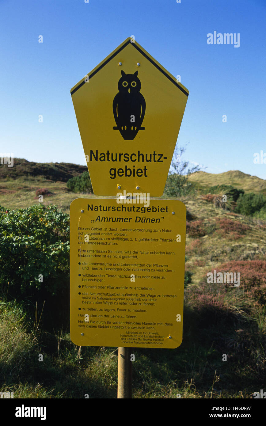 Zeichen, Naturschutzgebiet, Schilder, Deutschland, Schleswig - Holstein, Wittdün, Zeichen, Naturschutzgebiet, Naturschutzgebiet, Gebot Schwarzes Brett, Moor-Landschaft, die Vogelwelt, Pflanzen, Verhaltensmuster, Stockfoto