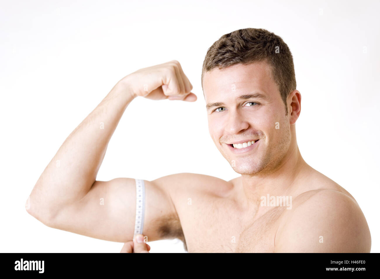Mann, Maßband, Bizeps Maßnahme, Stockfoto