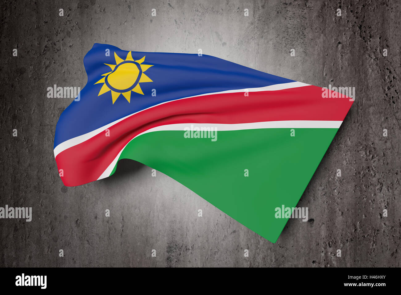 3D Rendering der Republik Namibia Fahnenschwingen auf einem schmutzigen Hintergrund Stockfoto