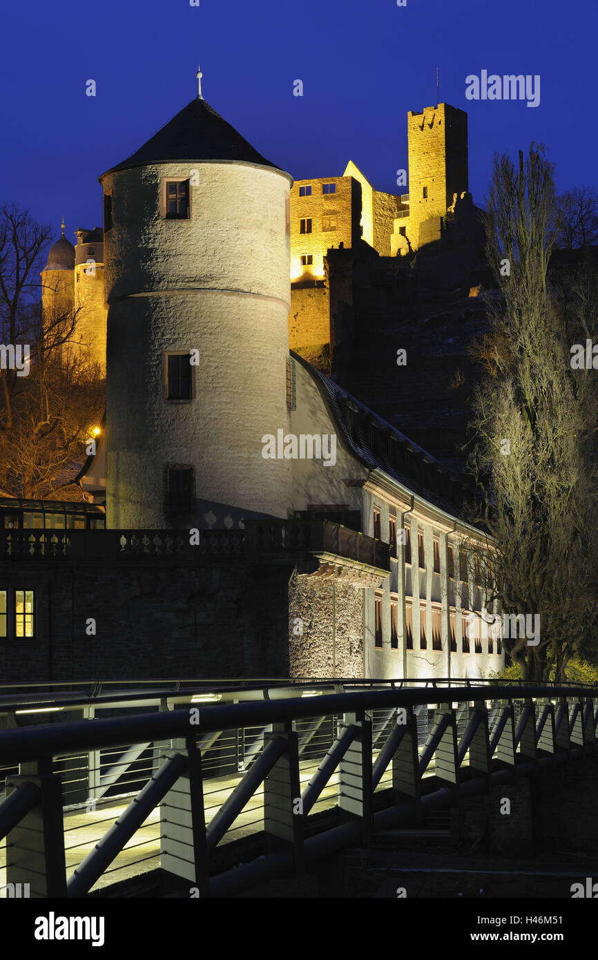 Wertheim, Winter, Brücke, Stadtturm, Stadtbild, Abendstimmung, Baden-Württemberg, Deutschland, Stockfoto